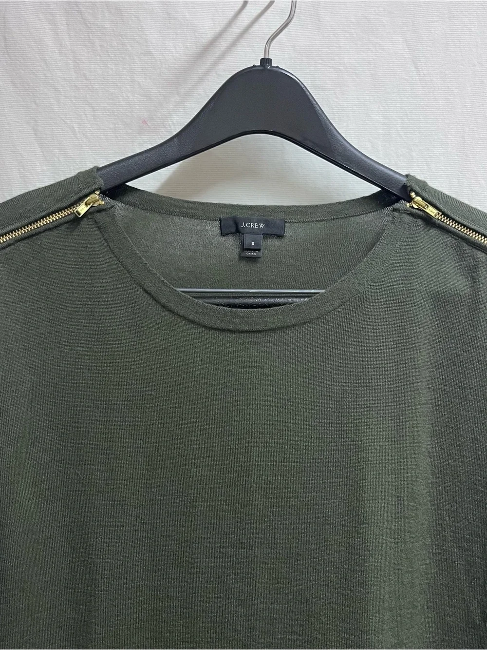 J.Crew Womens Green 100% Merino Wool Zipper Shoulder Crewneck Sweater Size S